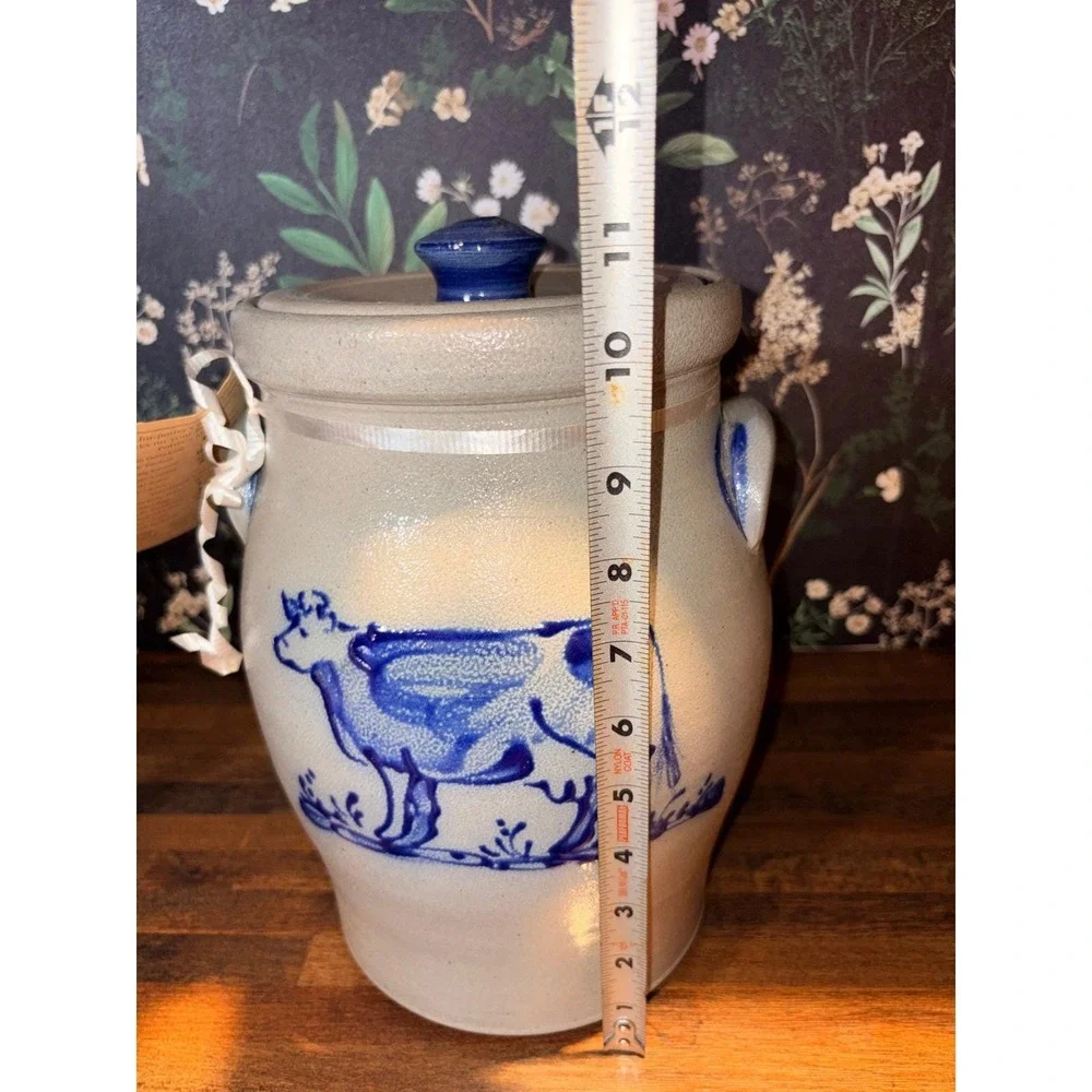 Rowe Pottery Salt Glazed‎ Stoneware Crock Cobalt Blue Cow Lidded Canister